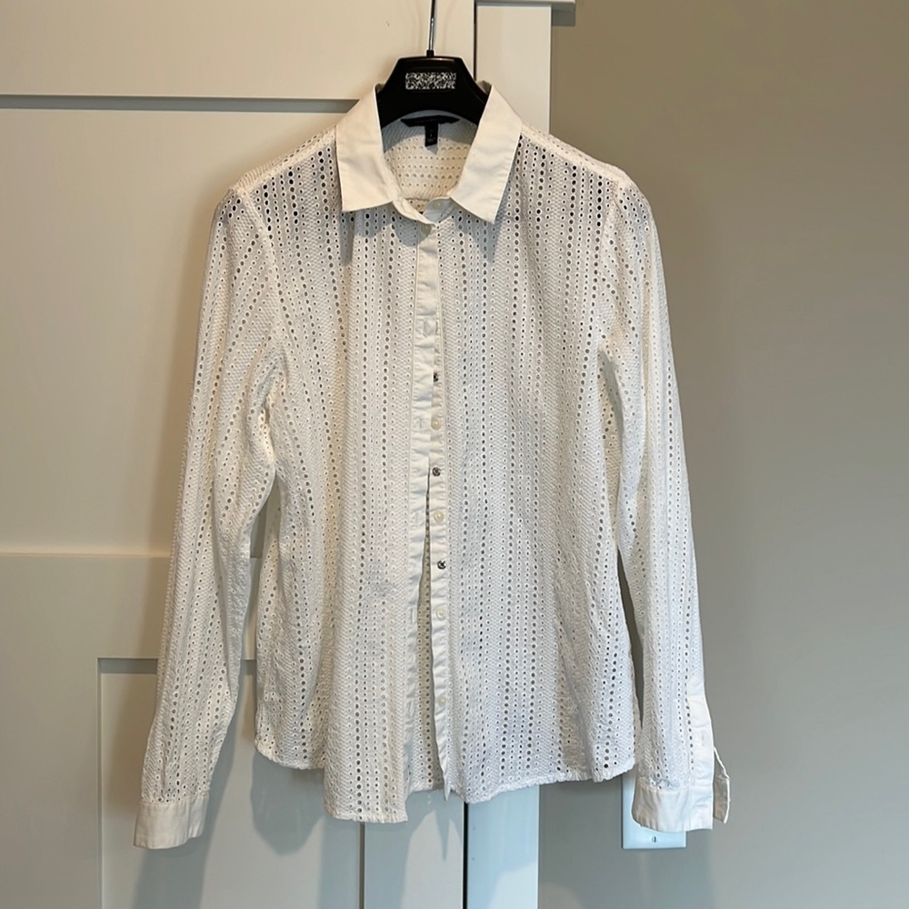 Banana Republic L Tall Cotton Eyelet Long Sleeve Blouse